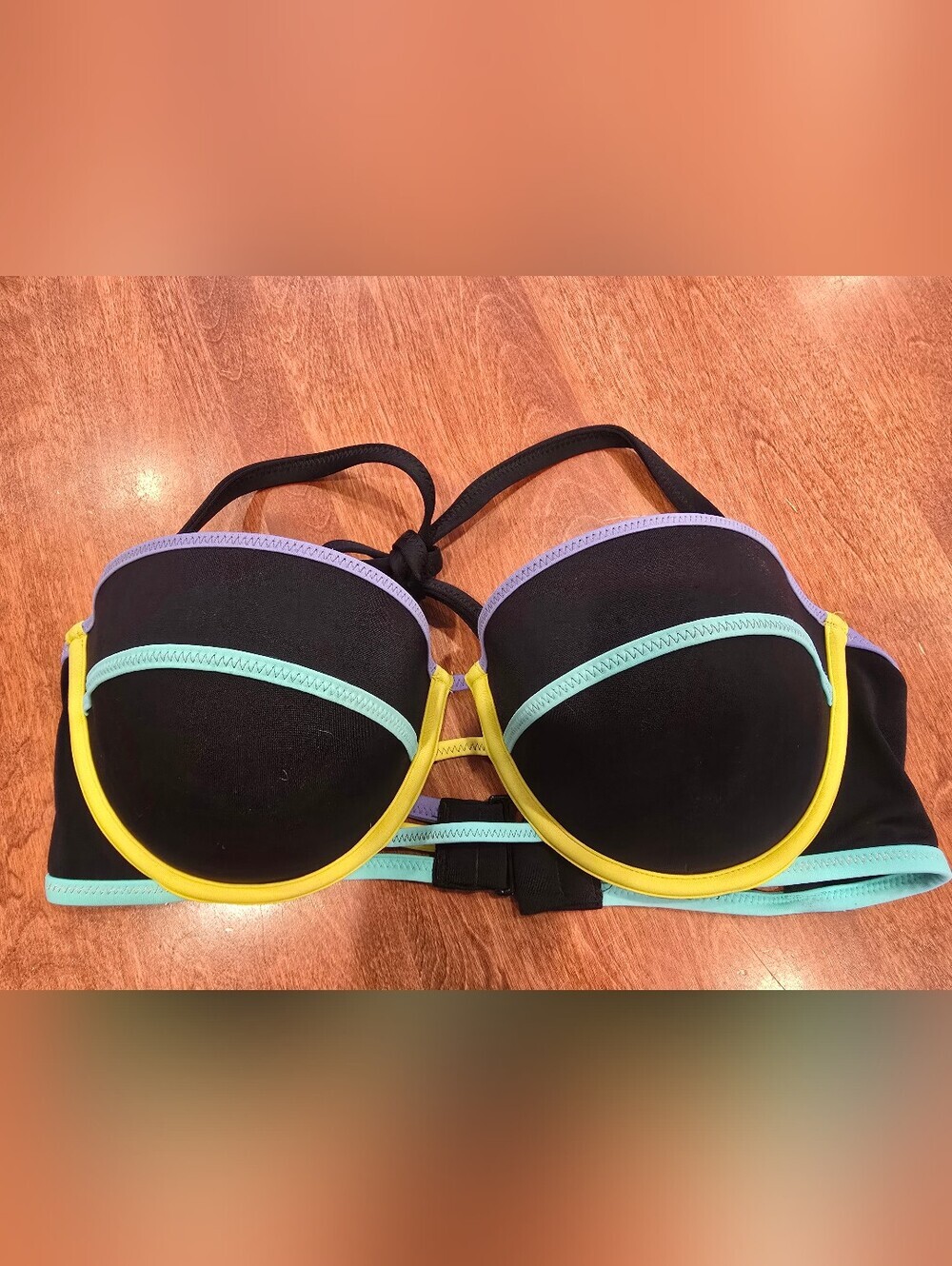 Victoria Secret Top 34D Strappy Flirt Bandeau classic bikini Black Neon Piping